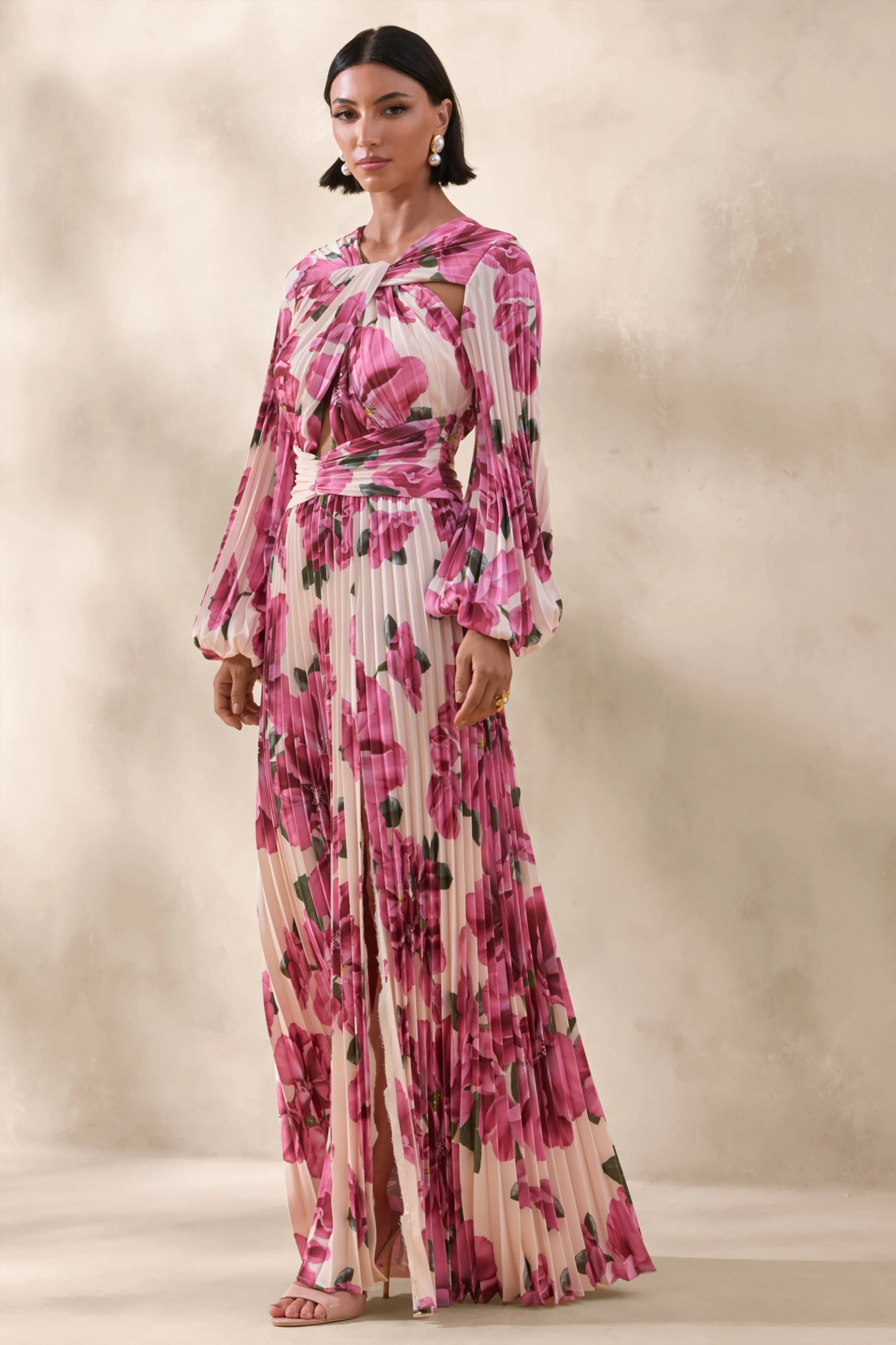 Rionna | Roze Hibiscus Bloemenprint Hoge Hals Maxi Jurk Met Cut-Out Details - Image 5