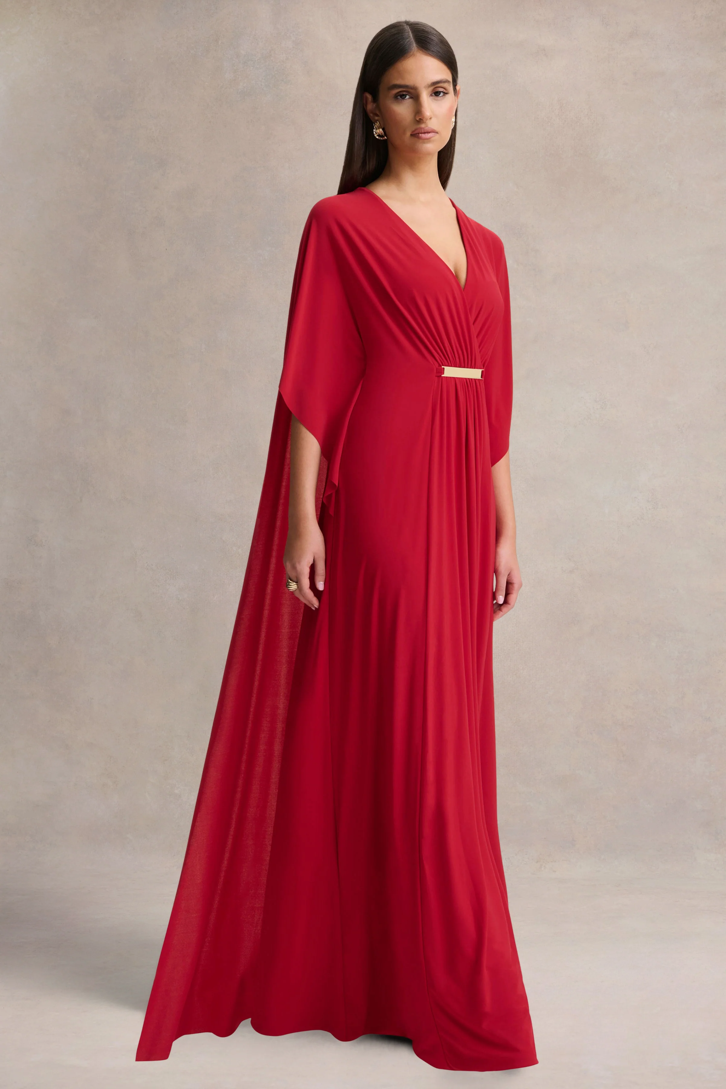 Romilly | Rode Diepe V-Hals Maxi Jurk met Gerimpelde Details - Image 4