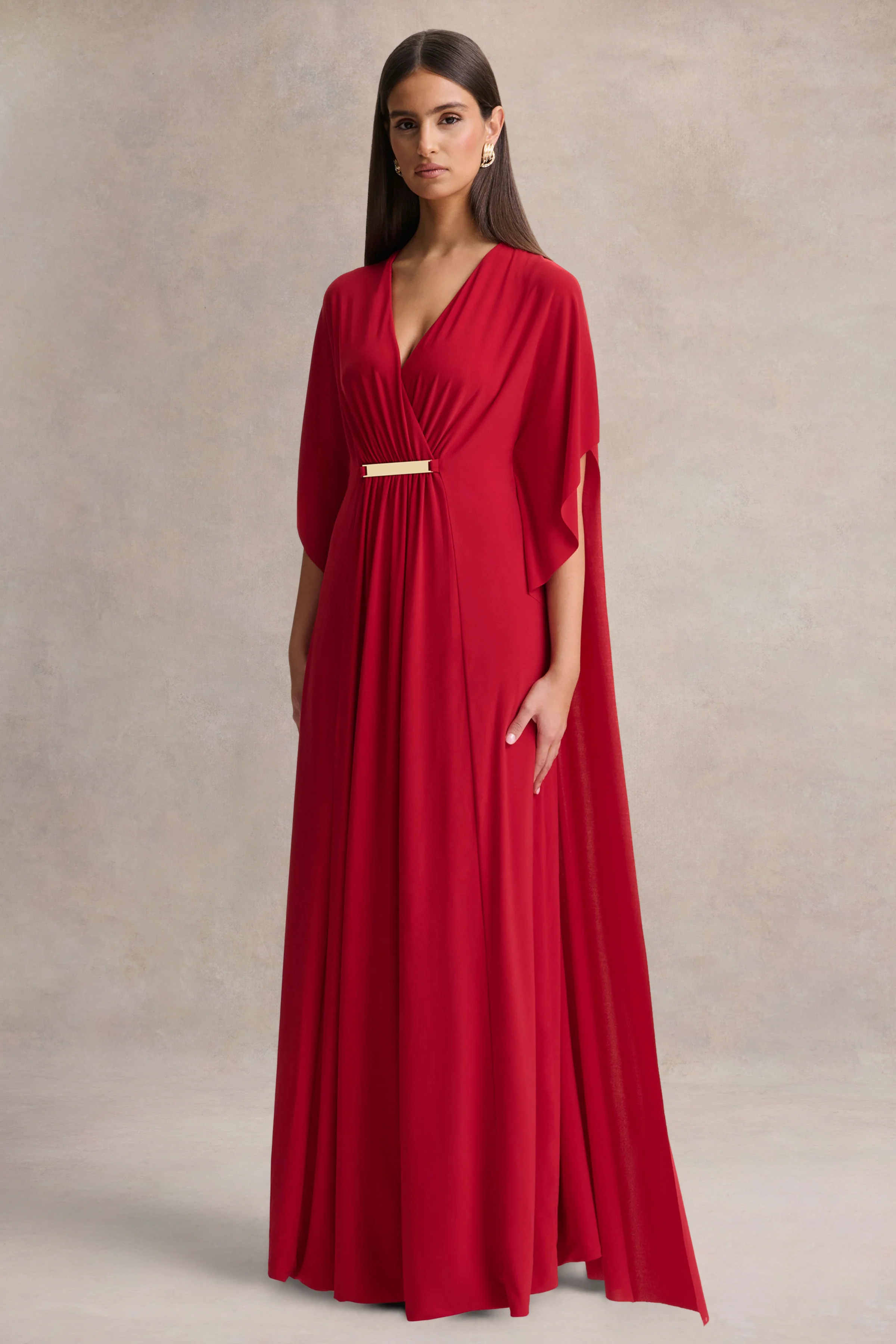 Romilly | Rode Diepe V-Hals Maxi Jurk met Gerimpelde Details - Image 5