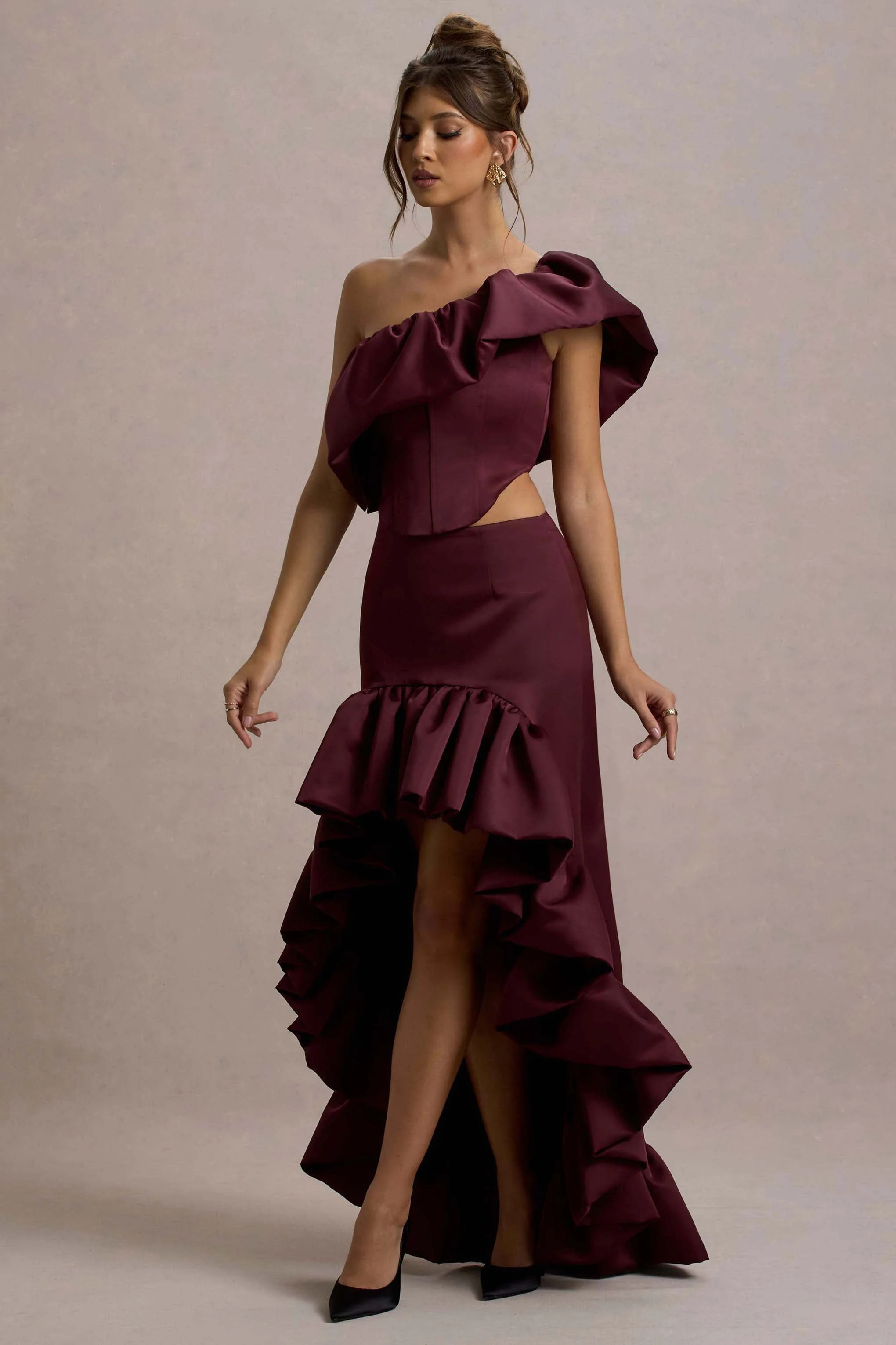 Ruby | Merlot Satijnen Maxi Rok Met Hoog-Lage Hem - Image 6