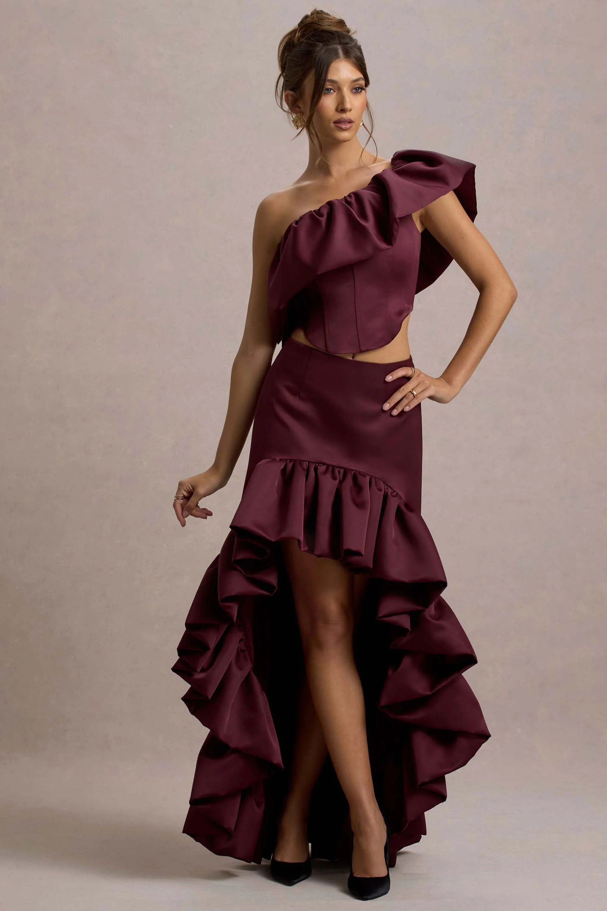 Ruby | Merlot Satijnen Maxi Rok Met Hoog-Lage Hem - Image 7