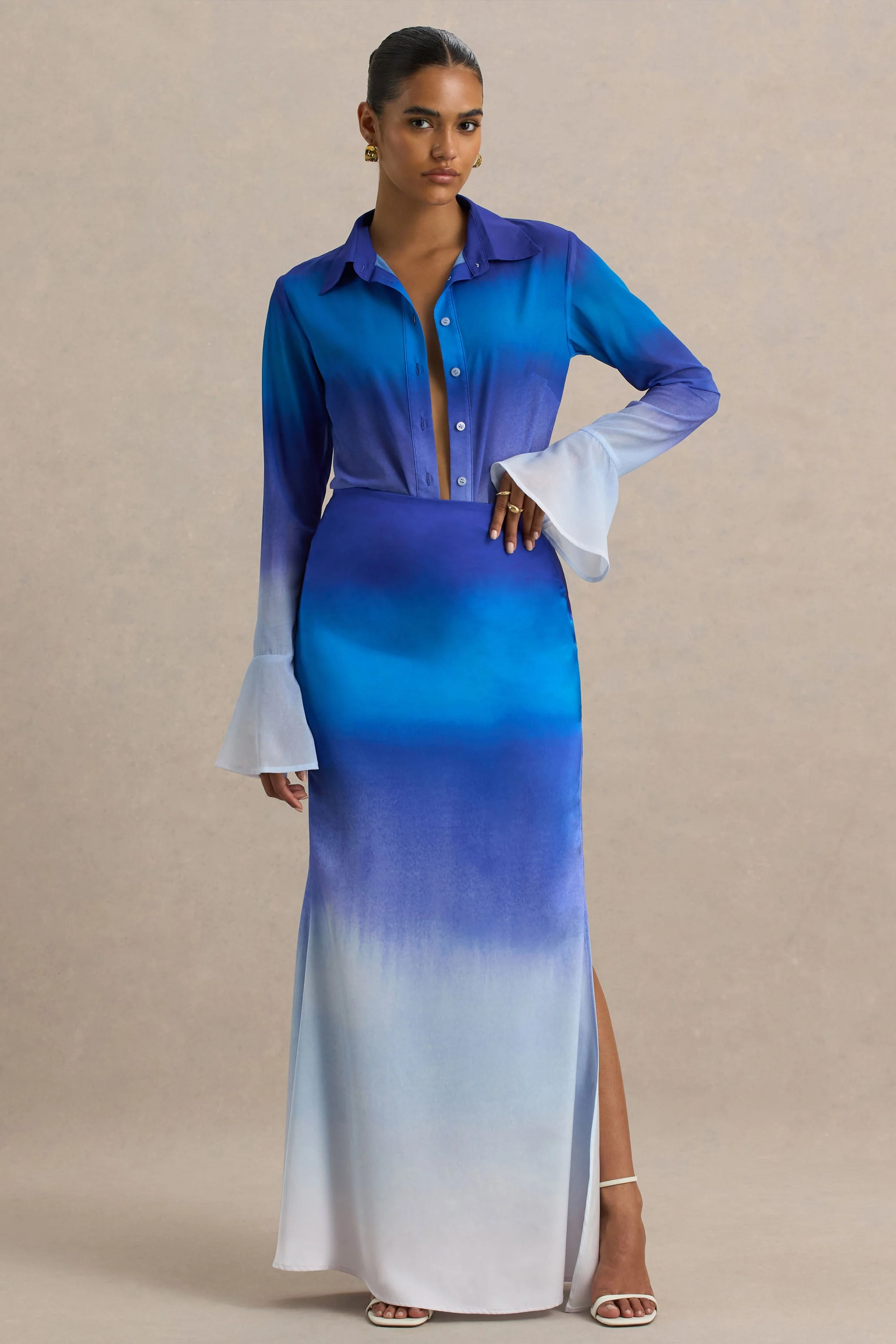 Serita | Blauwe Ombre Satijnen Split Maxi Rok - Image 5
