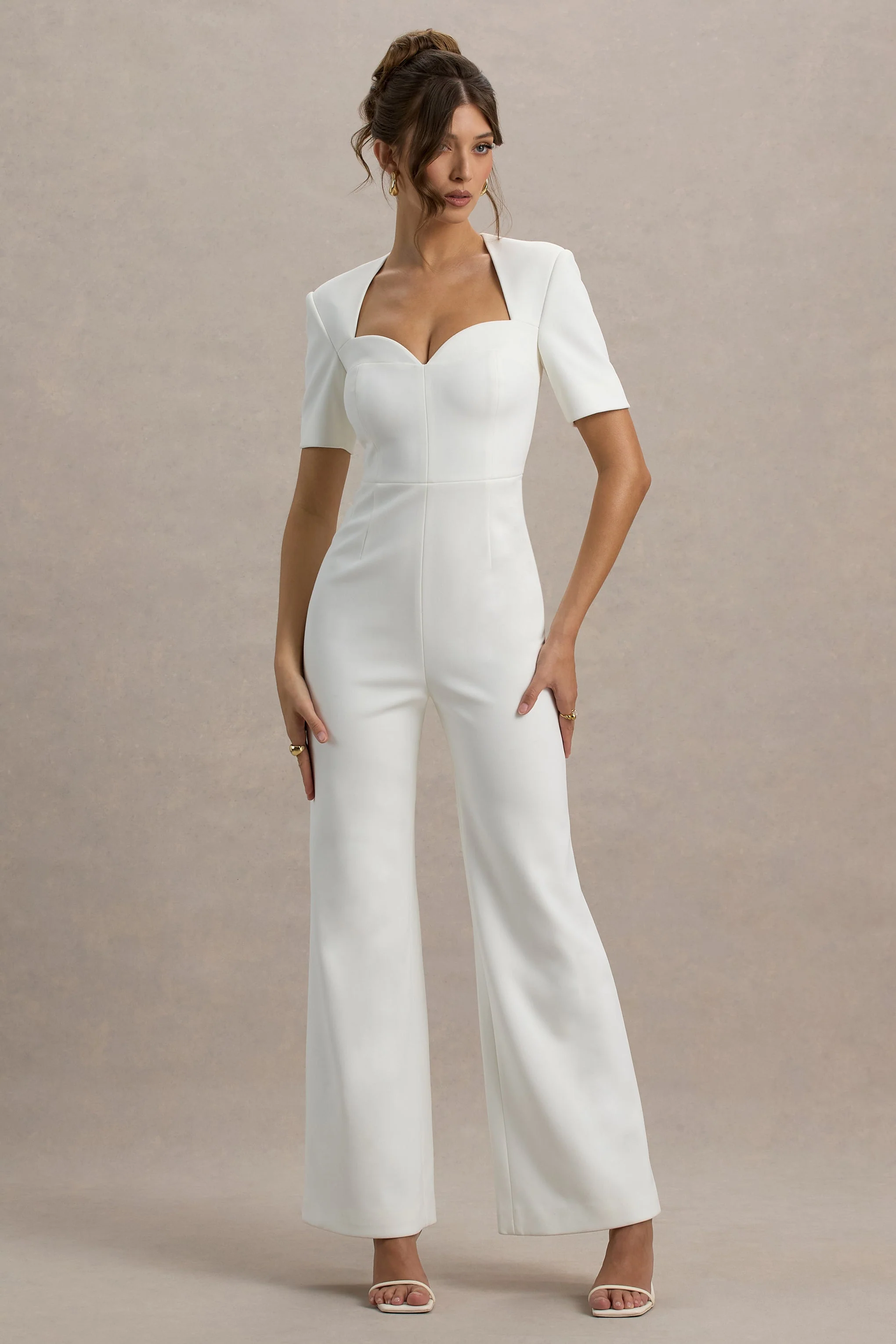 Simone | Witte Wijde Broek Jumpsuit Met Korte Mouwen En Sweetheart Halslijn - Image 4