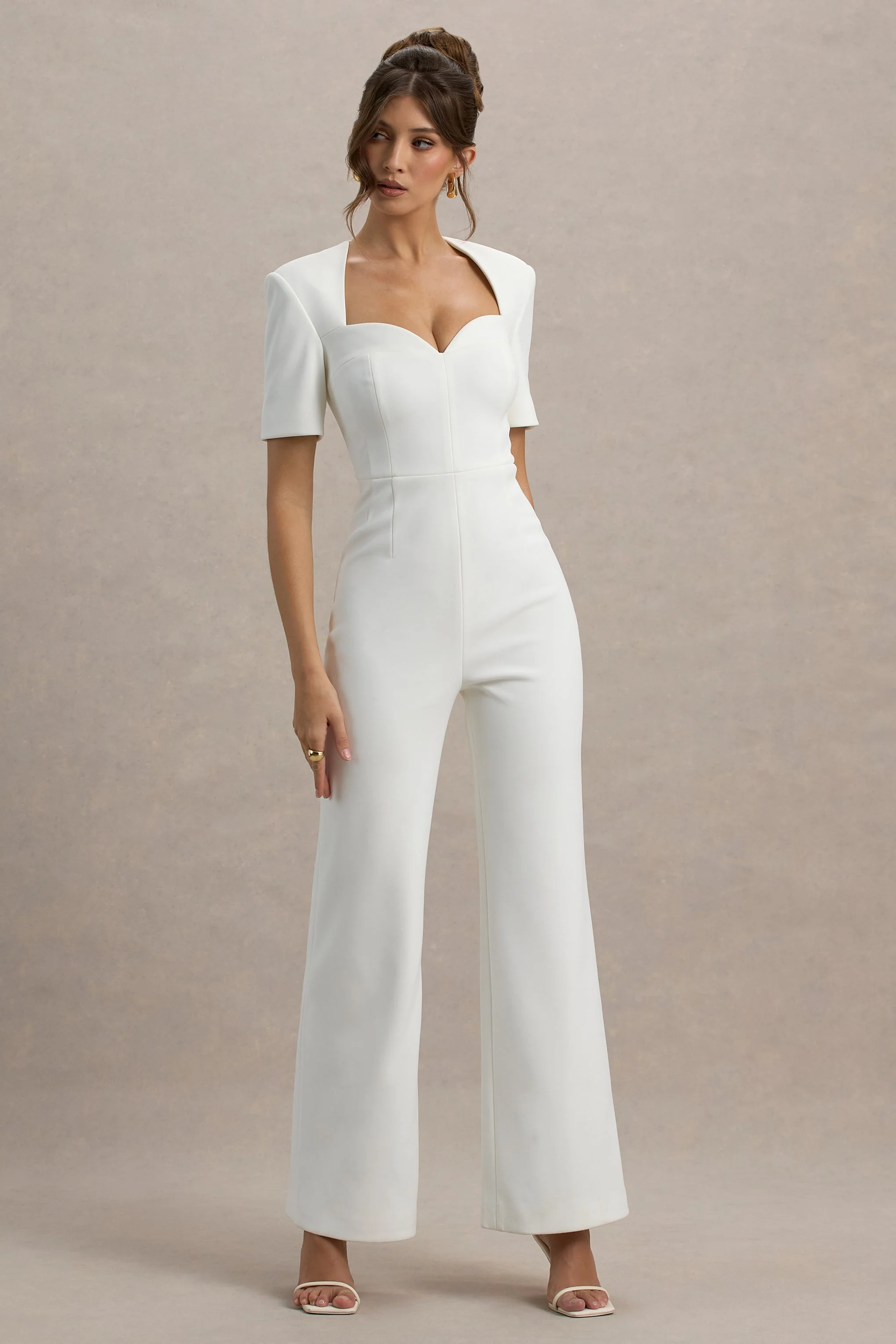 Simone | Witte Wijde Broek Jumpsuit Met Korte Mouwen En Sweetheart Halslijn - Image 5