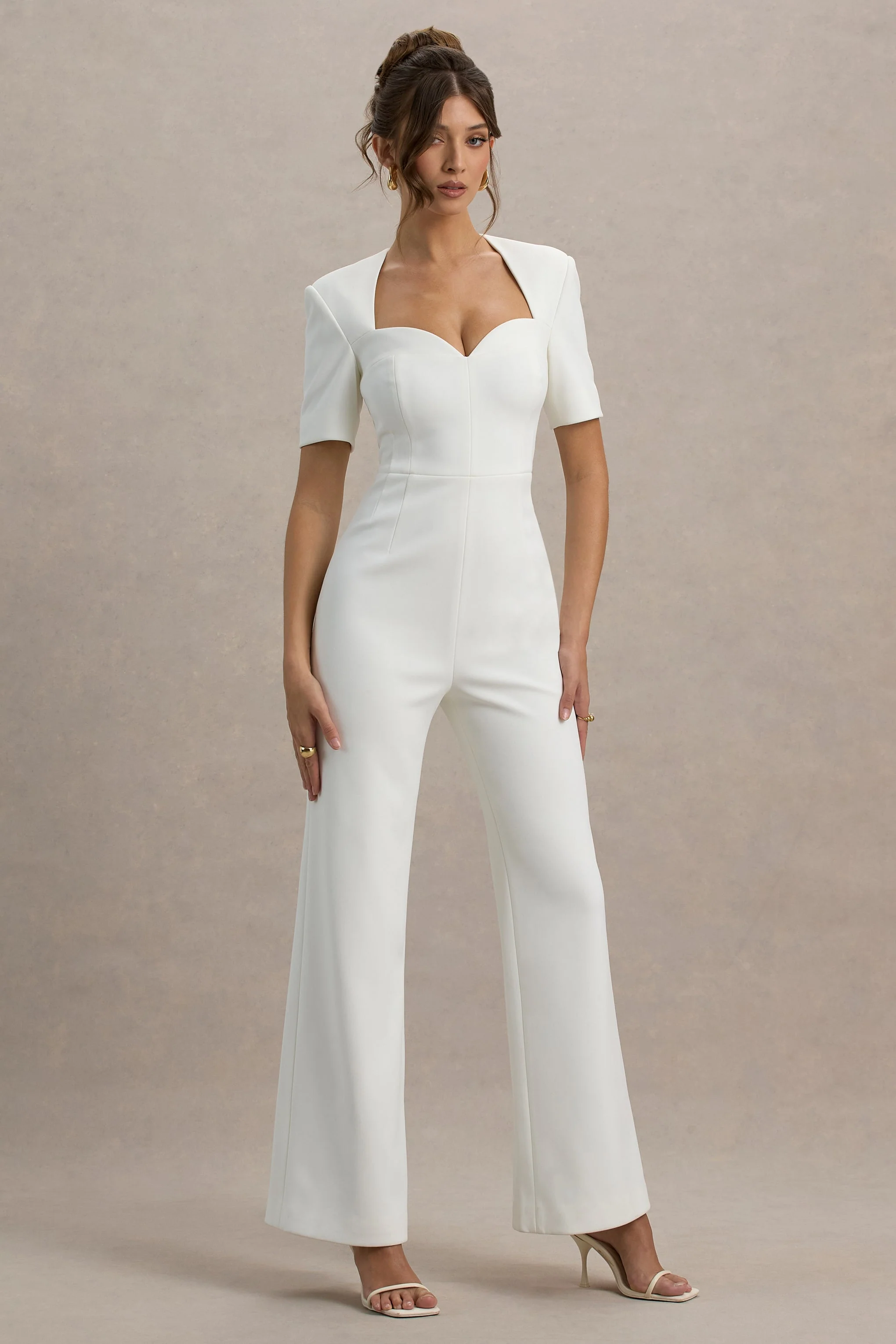 Simone | Witte Wijde Broek Jumpsuit Met Korte Mouwen En Sweetheart Halslijn - Image 6