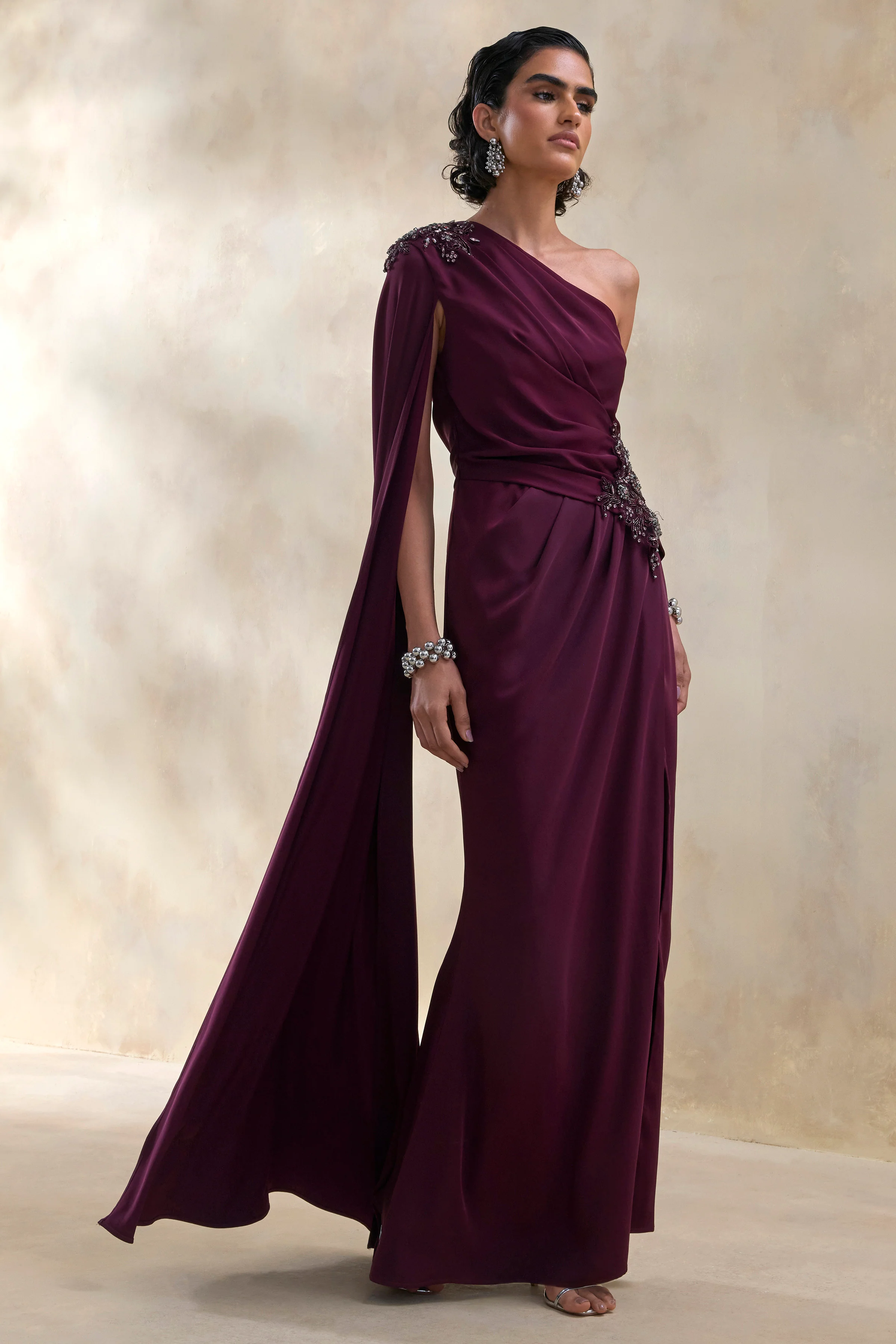 Solace | Donkerpruim Asymmetrische Hals Maxi Jurk Met Hoge Voorsplit - Image 4