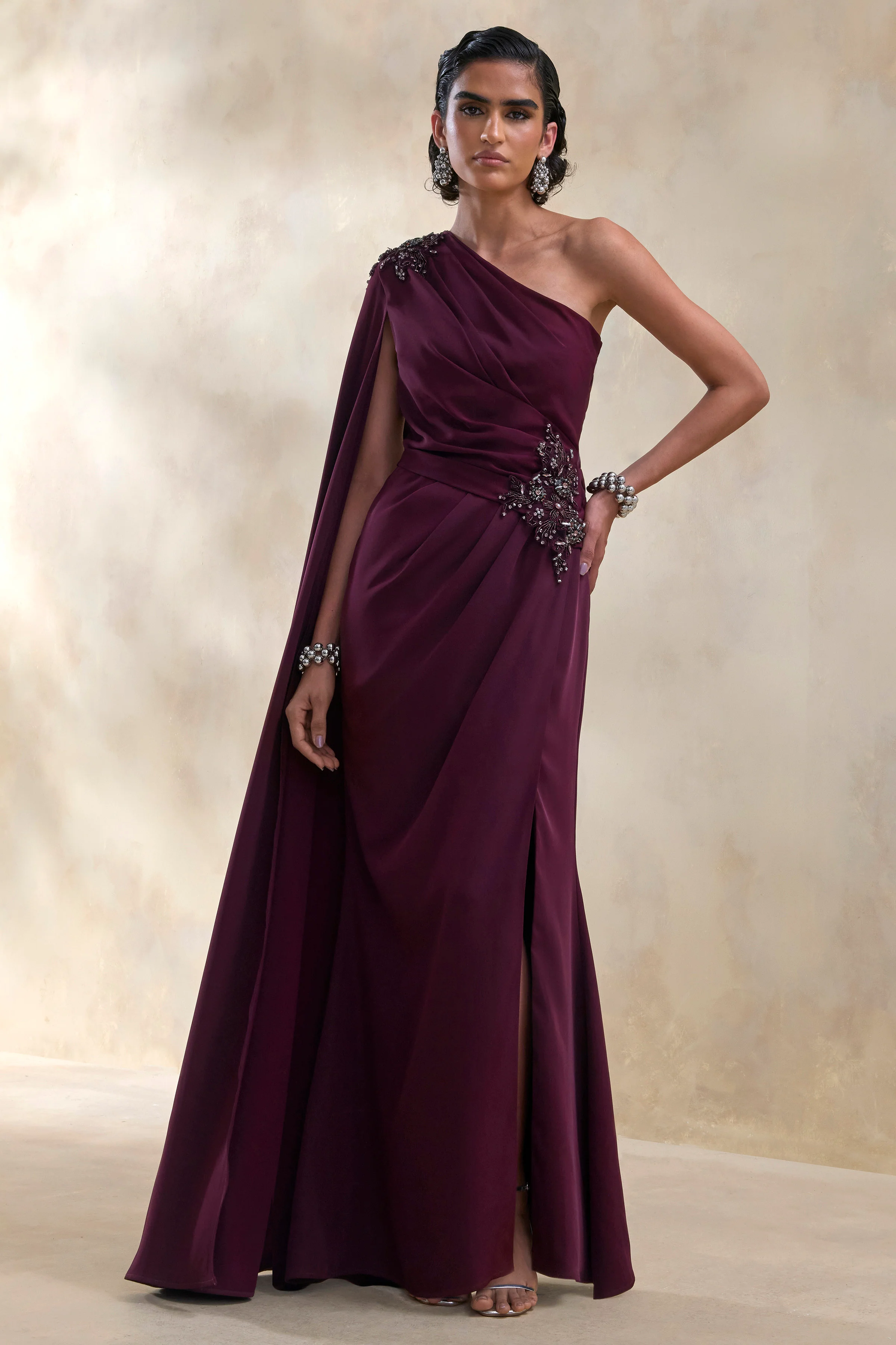 Solace | Donkerpruim Asymmetrische Hals Maxi Jurk Met Hoge Voorsplit - Image 5