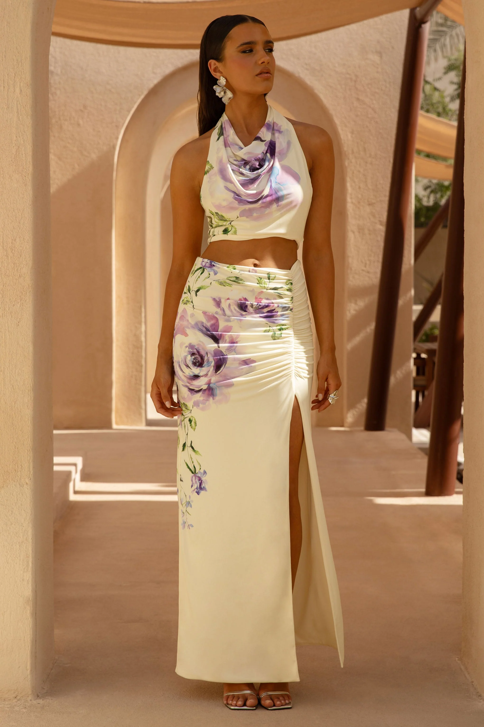 Stassi | Lila Bloemen Print Gerimpeld Split Maxi Rok - Image 6