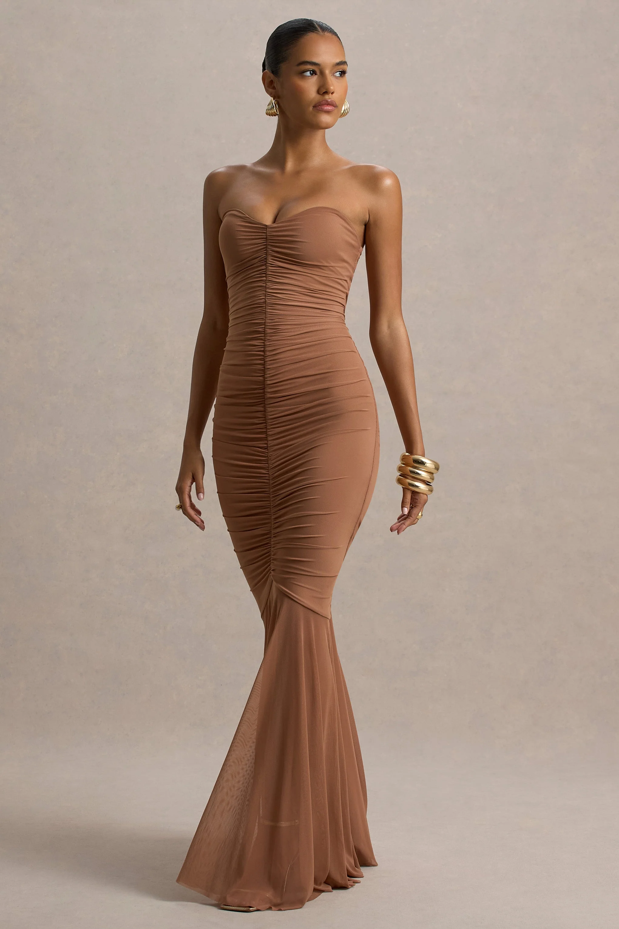 Talisa | Mocha Gerimpeld Fishtail Maxi Jurk Met Mesh Zoom - Image 3