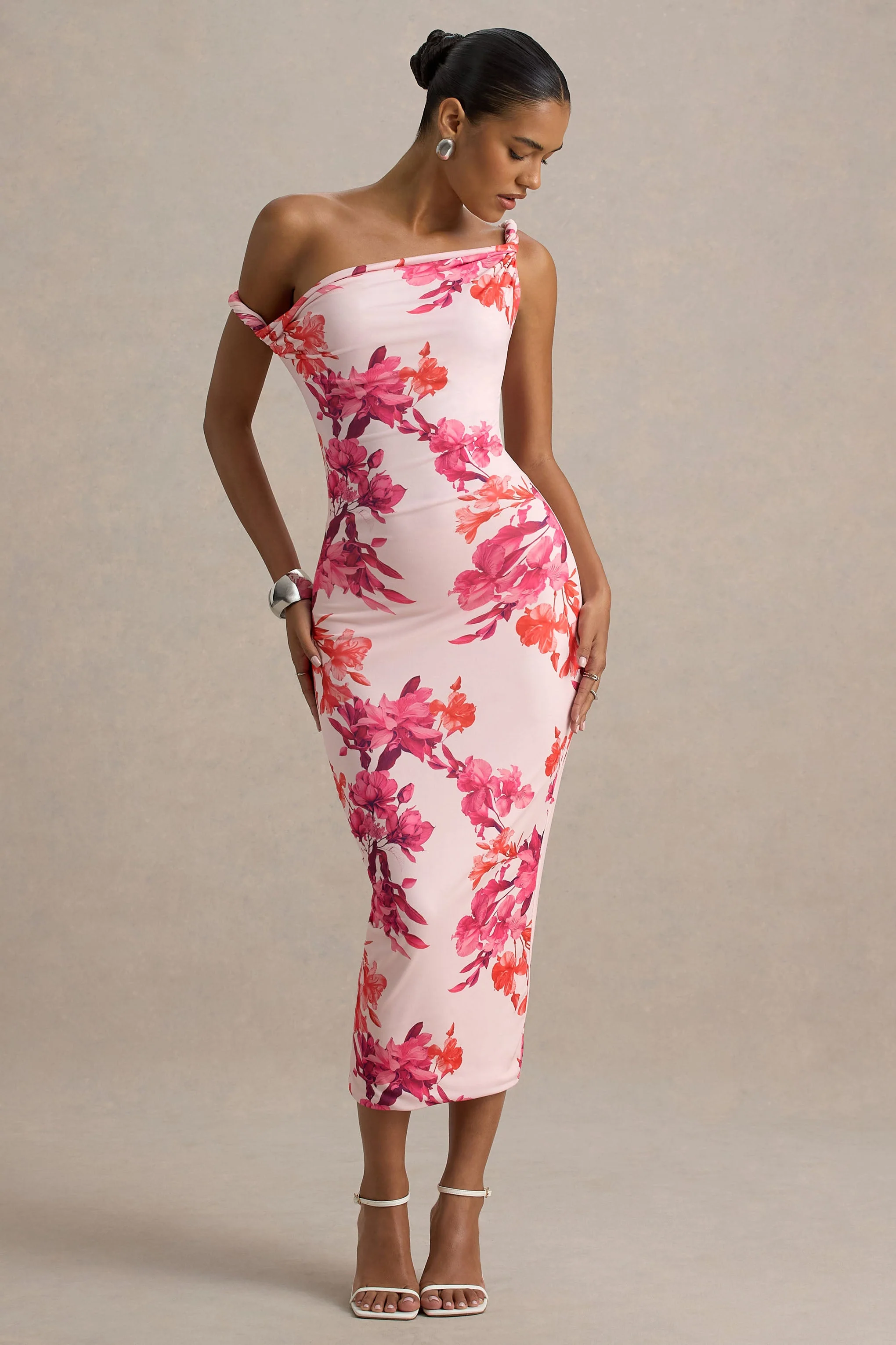 Tatian | Roze En Oranje Bloemenprint Gedraaide Asymmetrische Middi Jurk - Image 5