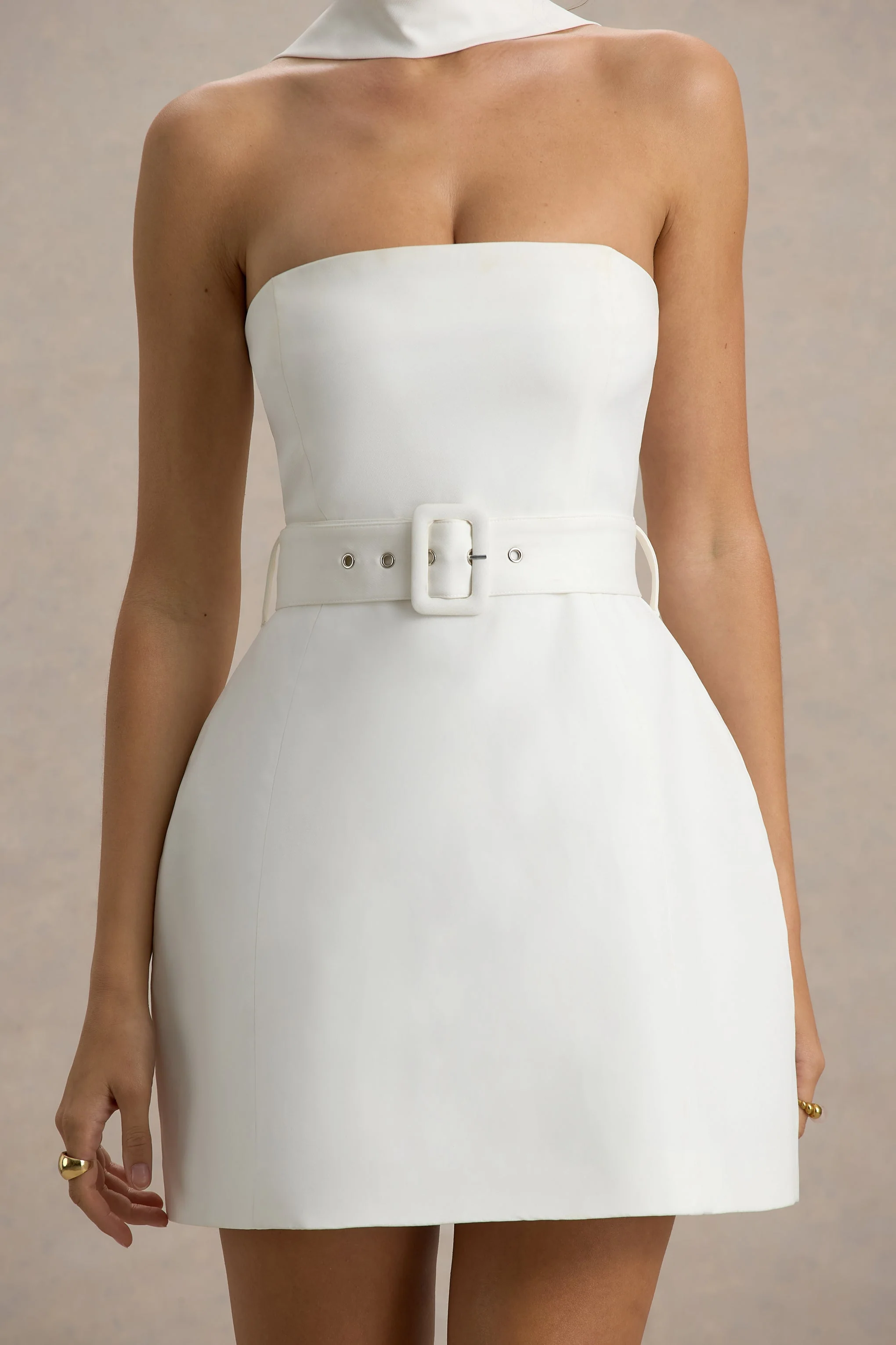 Timberly | Witte Hoge Hals Getailleerd Micro‑Mini Jurk - Image 6