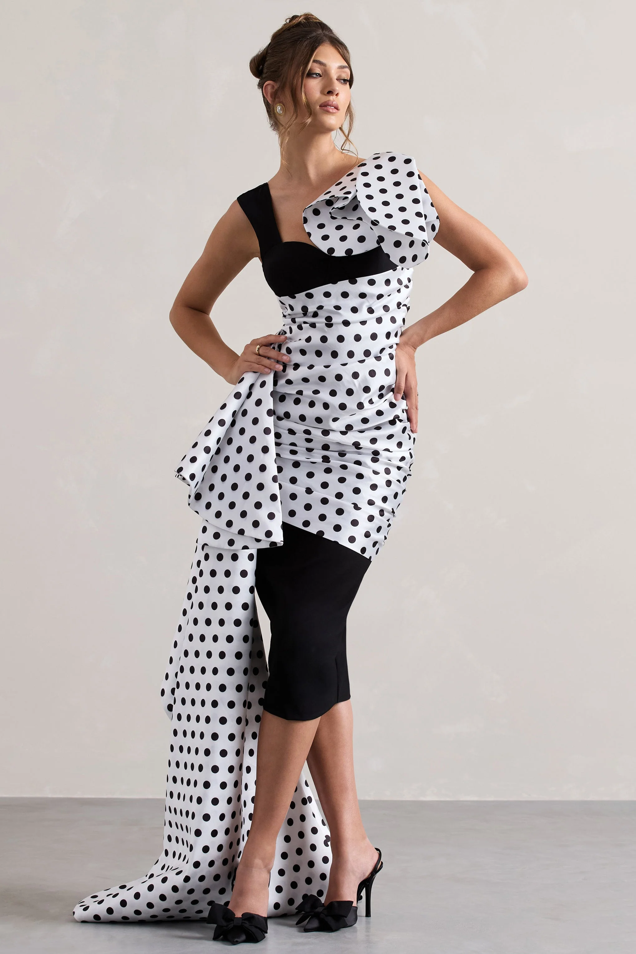Unattainable | Zwarte Stippen Print Overslag Midi Jurk Volumineuze Drapering - Image 5