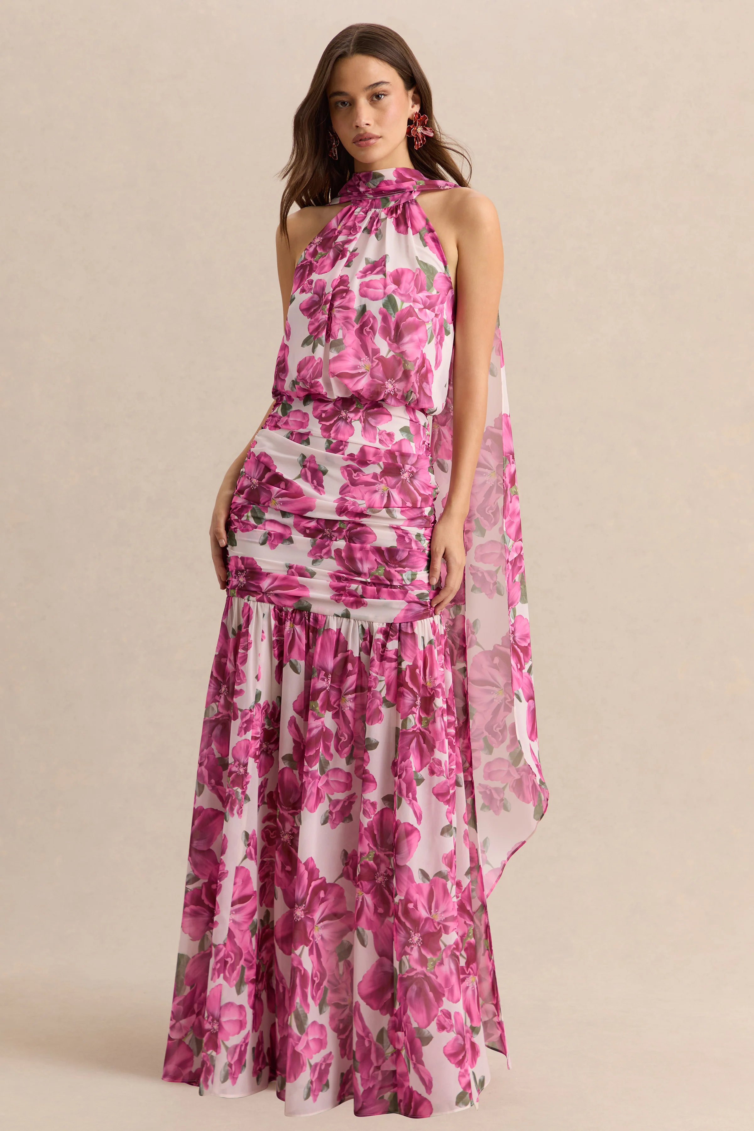 Veronique | Roze Hibiscus Bloemenprint Maxi Jurk Met Halternek - Image 6