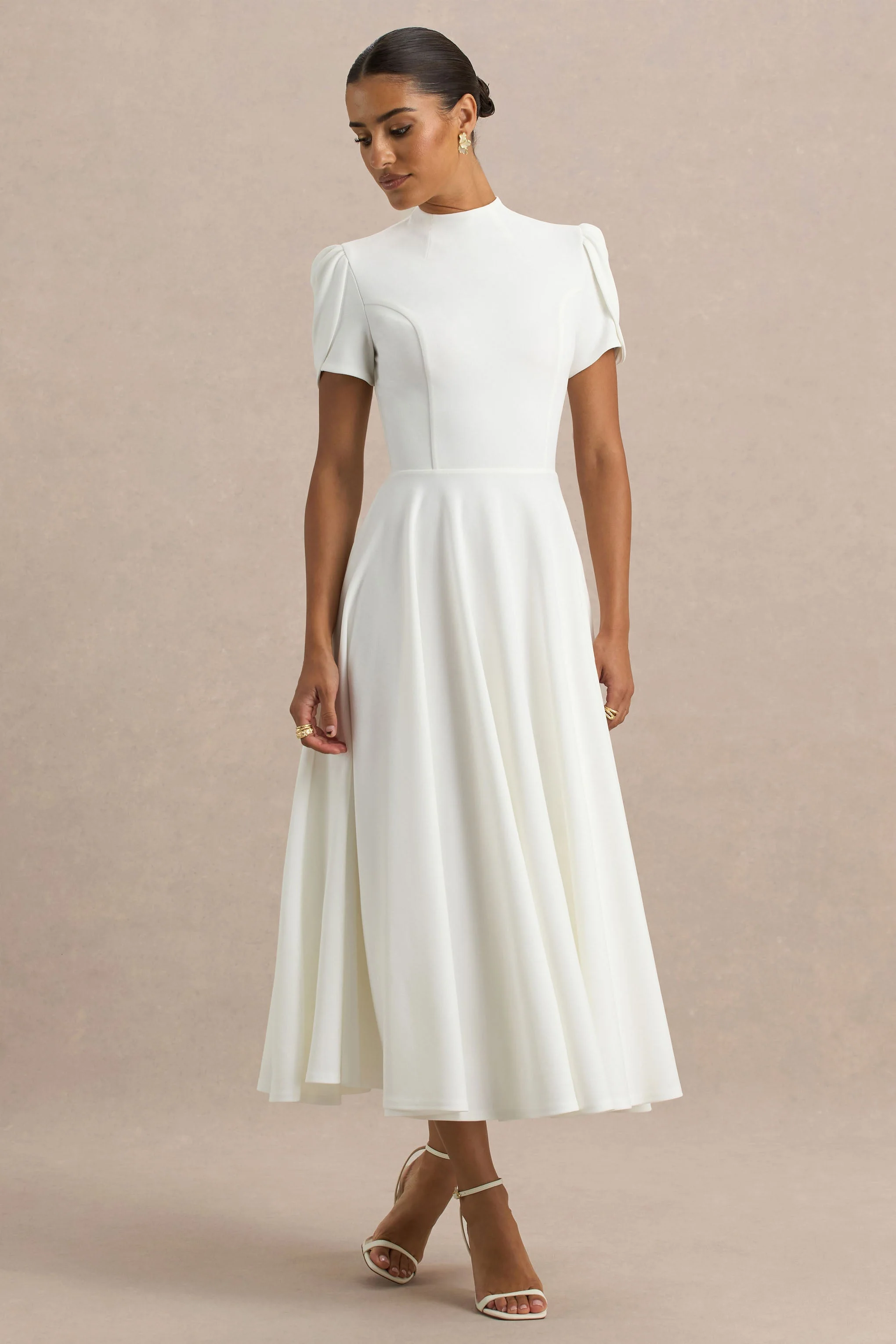 Vicky | Witte Hoge Hals Midi Jurk Met Pof-Mouwen - Image 3