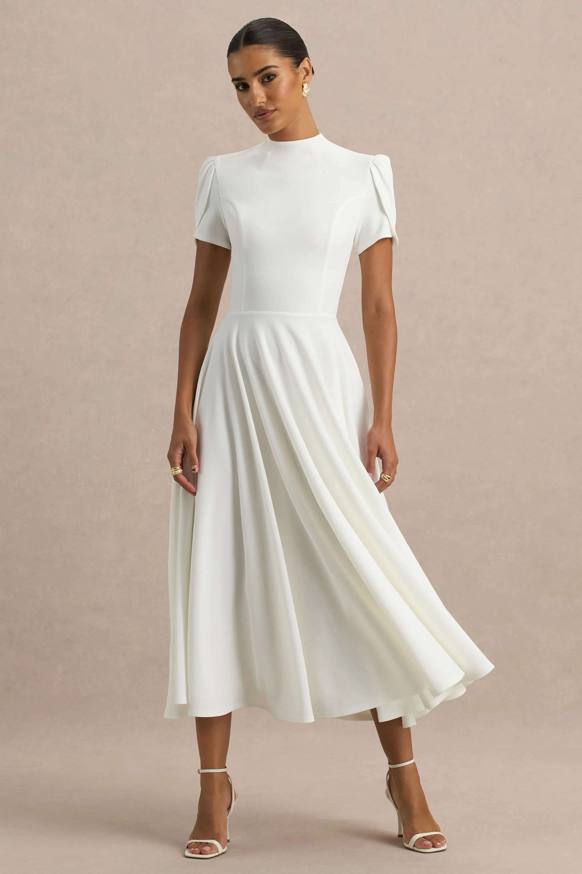Vicky | Witte Hoge Hals Midi Jurk Met Pof-Mouwen - Image 4