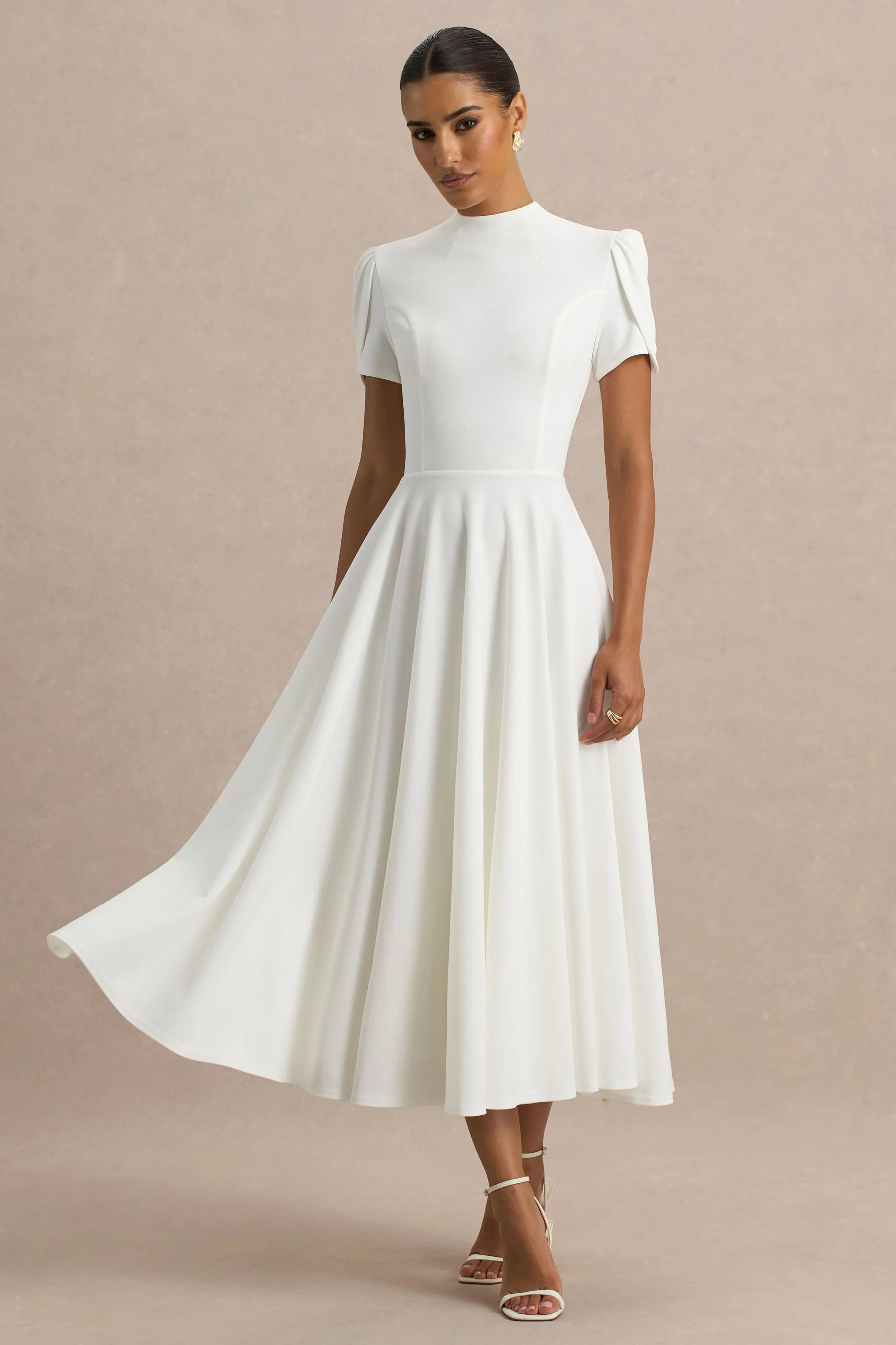 Vicky | Witte Hoge Hals Midi Jurk Met Pof-Mouwen - Image 5