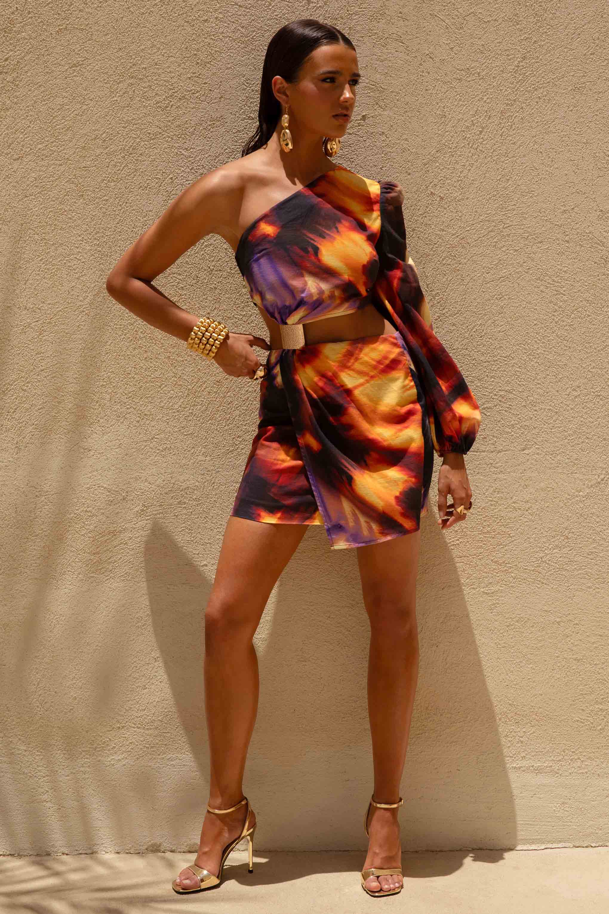 Zen | Rookprint Linnen Asymmetrisch Mini Jurk Met Uitgesneden Detail - Image 5