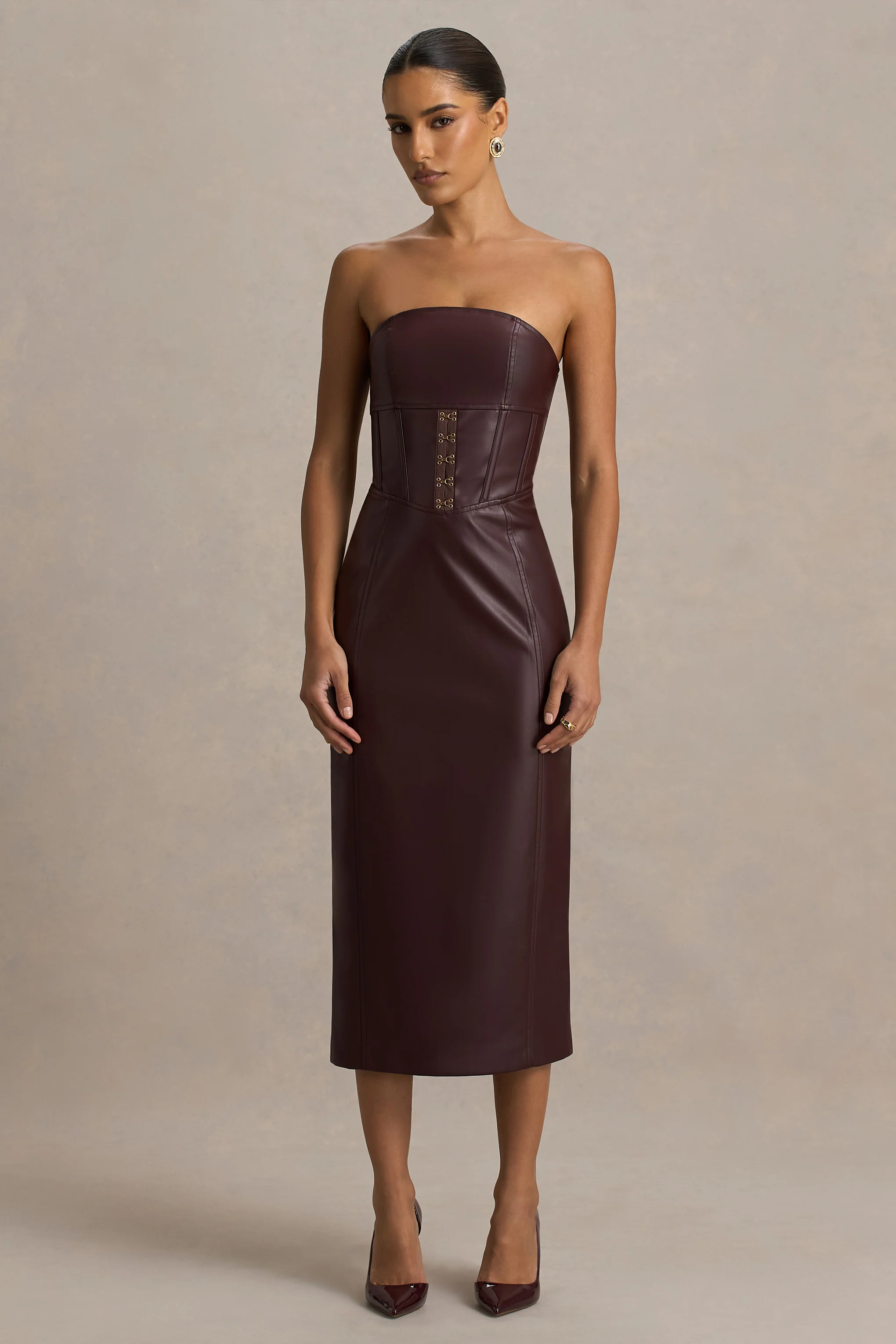 Zola | Bordeaux Kunstleer Bandeau Midi Jurk - Image 3