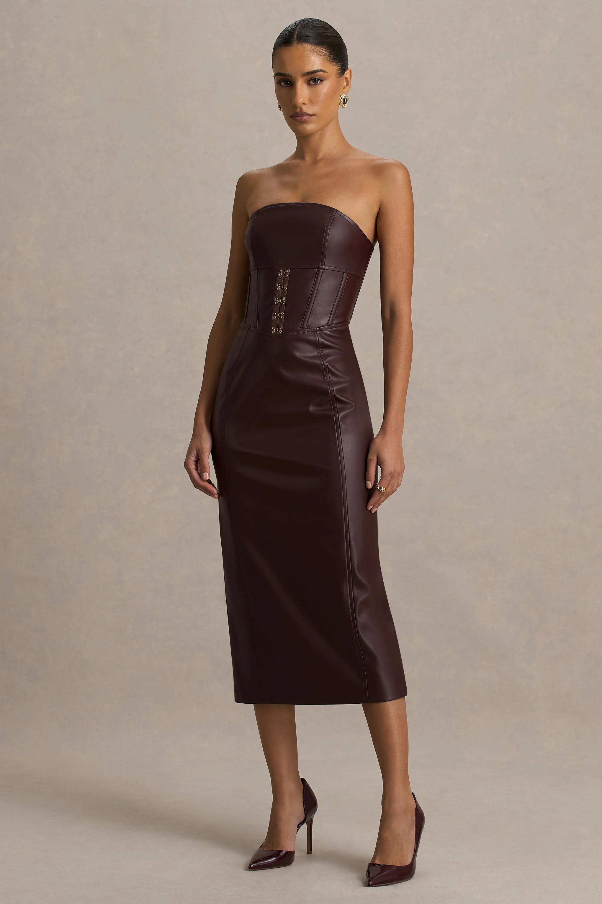 Zola | Bordeaux Kunstleer Bandeau Midi Jurk - Image 4