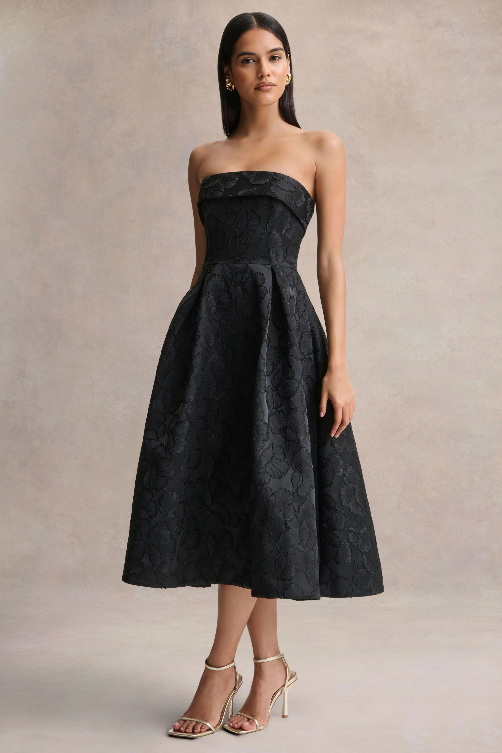 Zuma | Zwarte Metallic Jacquard Strapless Midi Jurk - Image 4