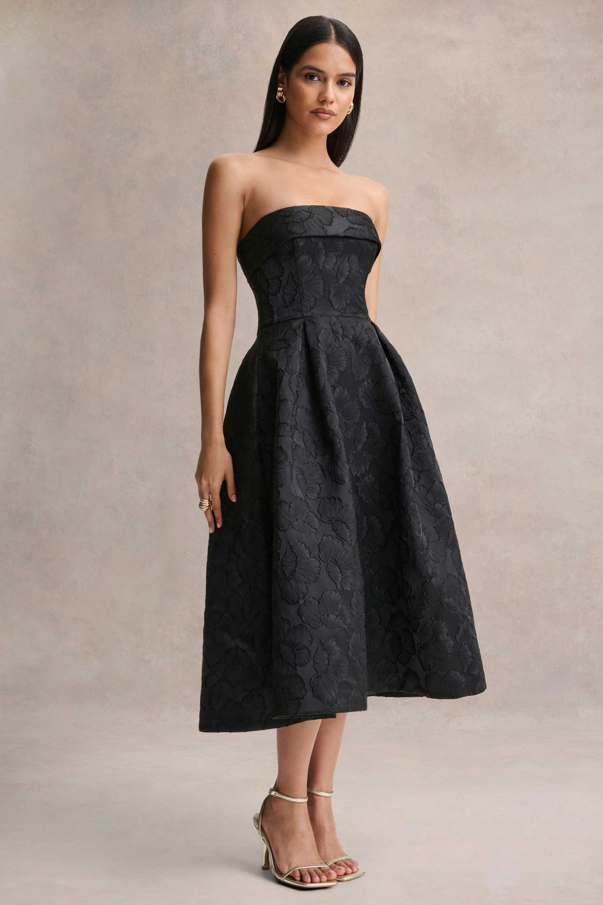 Zuma | Zwarte Metallic Jacquard Strapless Midi Jurk - Image 5